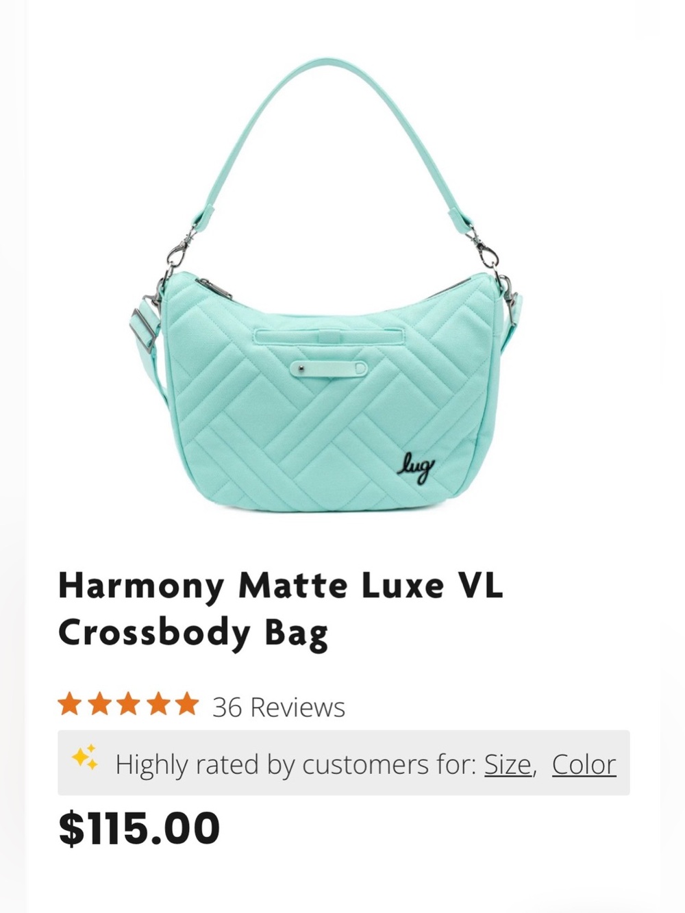 NWT Lug AQUAMARINE HARMONY Matte Luxe Shoulder Crossbody Bag with (2) Straps